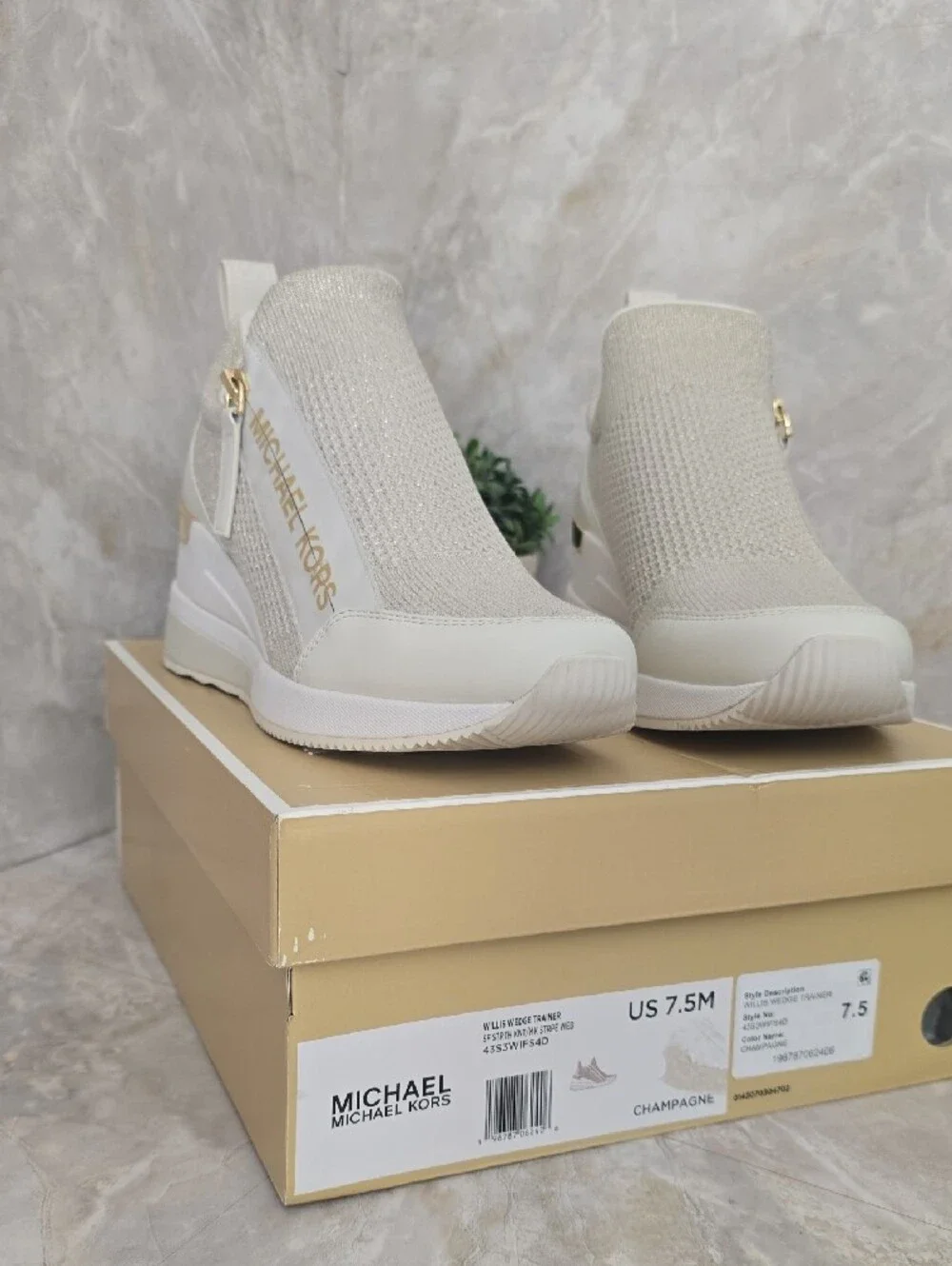 Michael Kors Willis Metallic Stretch Knit Wedge Trainer Sneakers Champagne 7.5